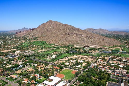 Aerial view of Arcadia neighborhood in Phoenix Arizona luxury real estate